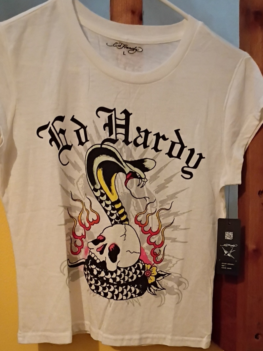 Ed Hardy White Tee with Snake, Skull & Flame Graphic